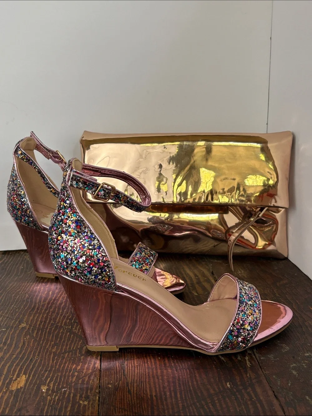 Forever Rose Metallic Multicolor Glitter Wedge Sandals and Copper Gold Clutch 7